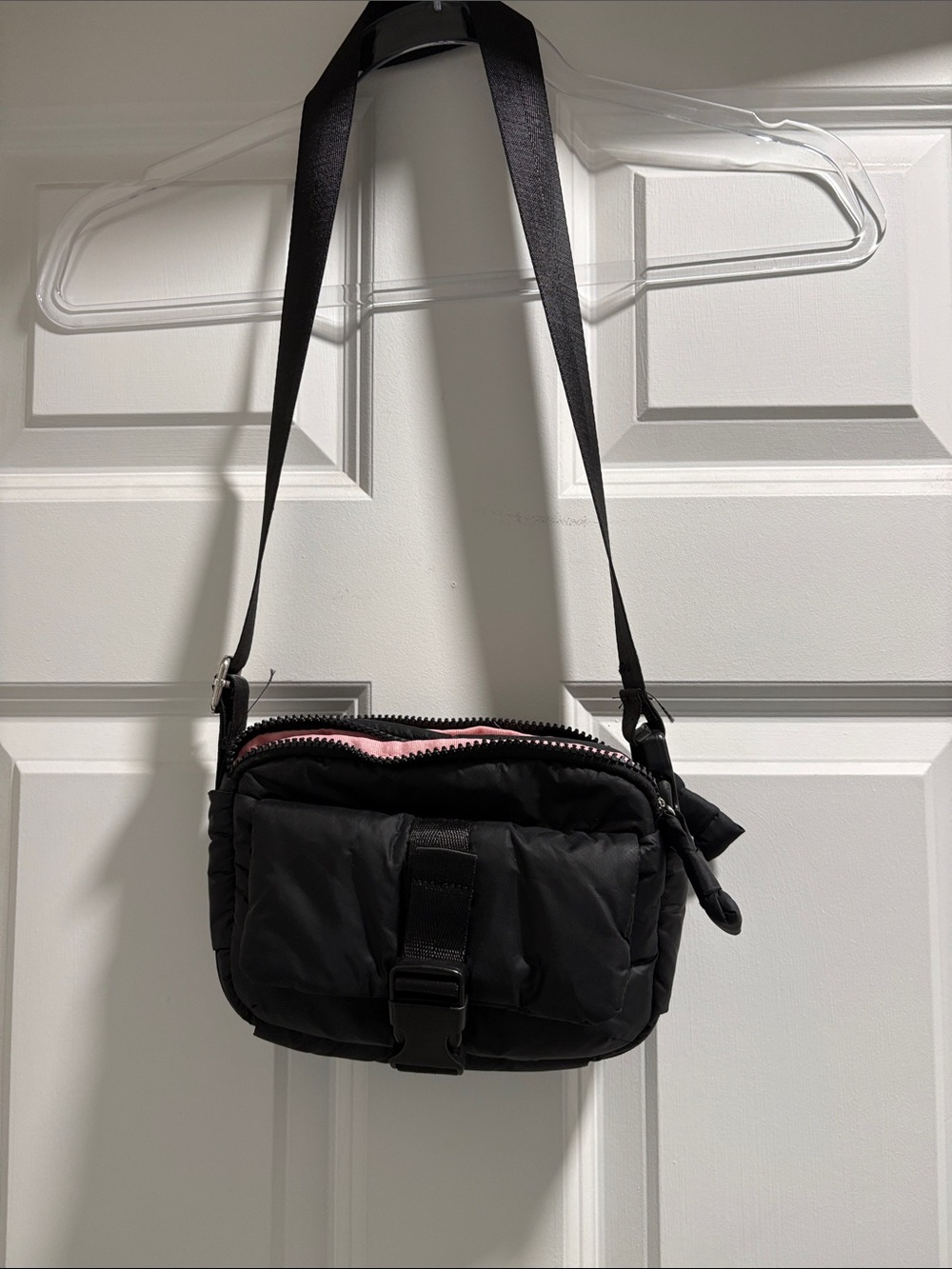 Black Crossbody Bag with Pink Interior Accent